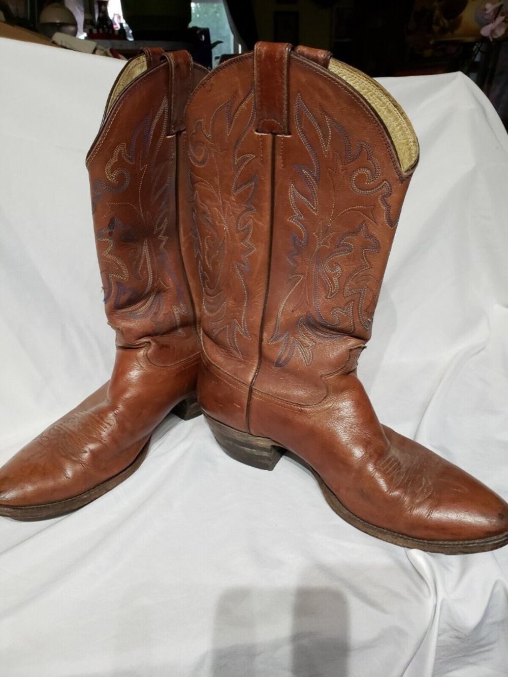 Justin Mens Leather Cowboy Western Boots Sz 11D Brown Embroidered Pull-On Vtg